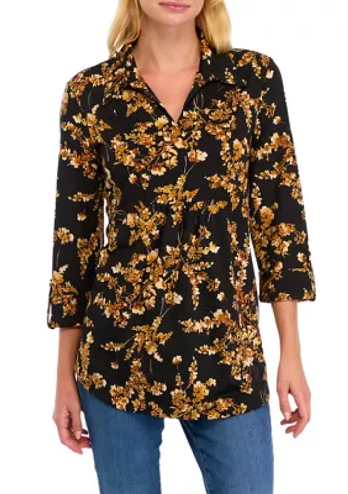 Women's 3/4 Sleeve Floral Split Neck Top