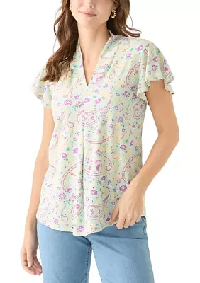 Women's Short Sleeve V-Neck Eyelet Printed Top