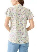 Women's Short Sleeve V-Neck Eyelet Printed Top