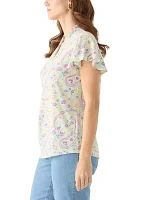 Women's Short Sleeve V-Neck Eyelet Printed Top