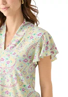 Women's Short Sleeve V-Neck Eyelet Printed Top