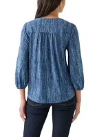 Women's 3/4 Blouson Sleeve V-Neck Pleated Top