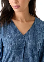 Women's 3/4 Blouson Sleeve V-Neck Pleated Top