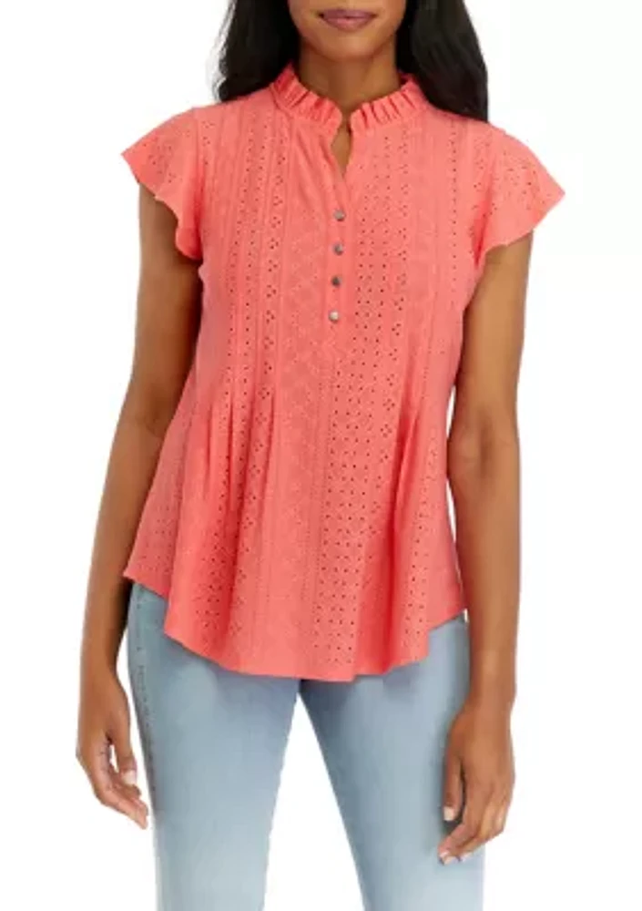 Women's Short Sleeve Henley Knit Eyelet Top