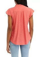 Women's Short Sleeve Henley Knit Eyelet Top