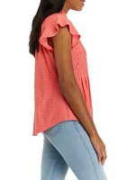 Women's Short Sleeve Henley Knit Eyelet Top