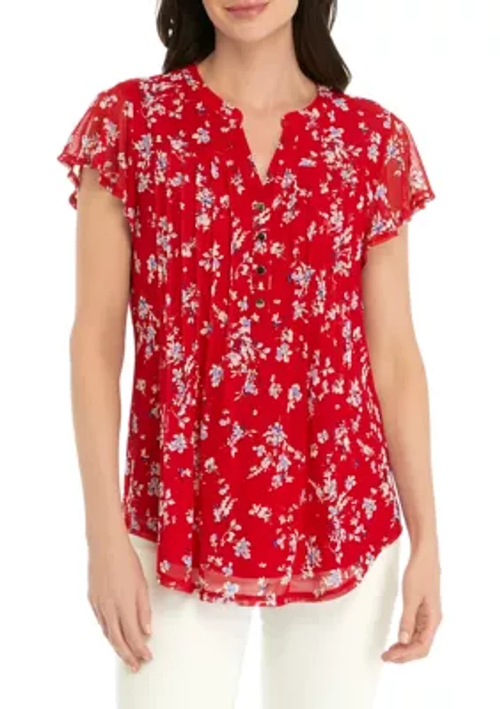 Women's Flutter Sleeve Printed Henley Shirt