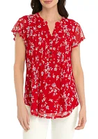 Women's Flutter Sleeve Printed Henley Shirt