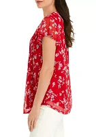 Women's Flutter Sleeve Printed Henley Shirt