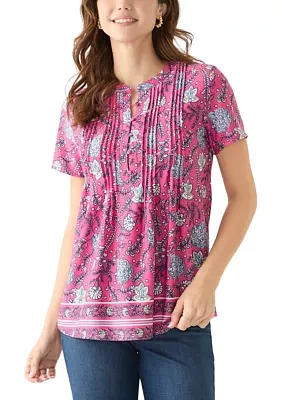 Women's Short Sleeve Printed Pleated Top