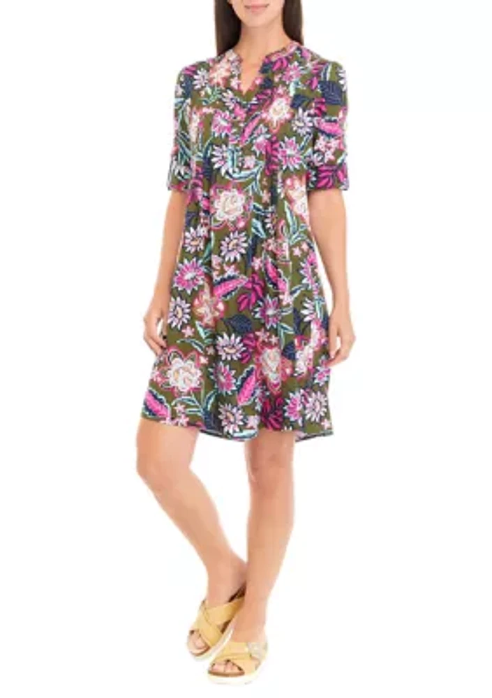 Women's Printed Elbow Sleeve Pleated Dress