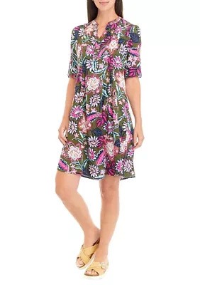 Women's Printed Elbow Sleeve Pleated Dress