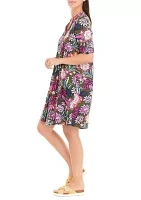 Women's Printed Elbow Sleeve Pleated Dress