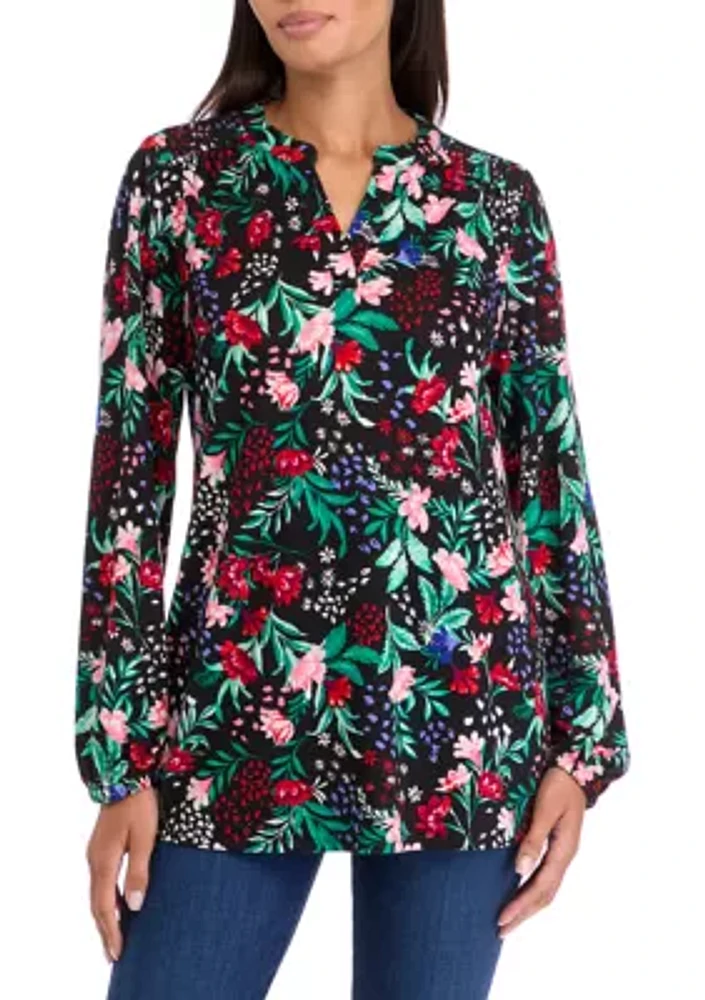 Women's Blouson Sleeve Printed Hacci Henley Shirt