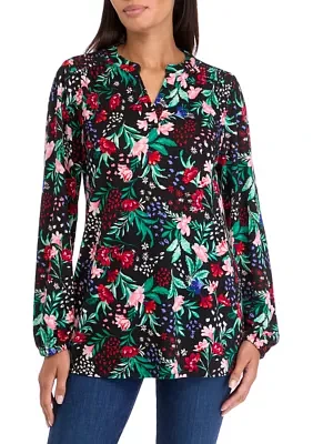 Women's Blouson Sleeve Printed Hacci Henley Shirt