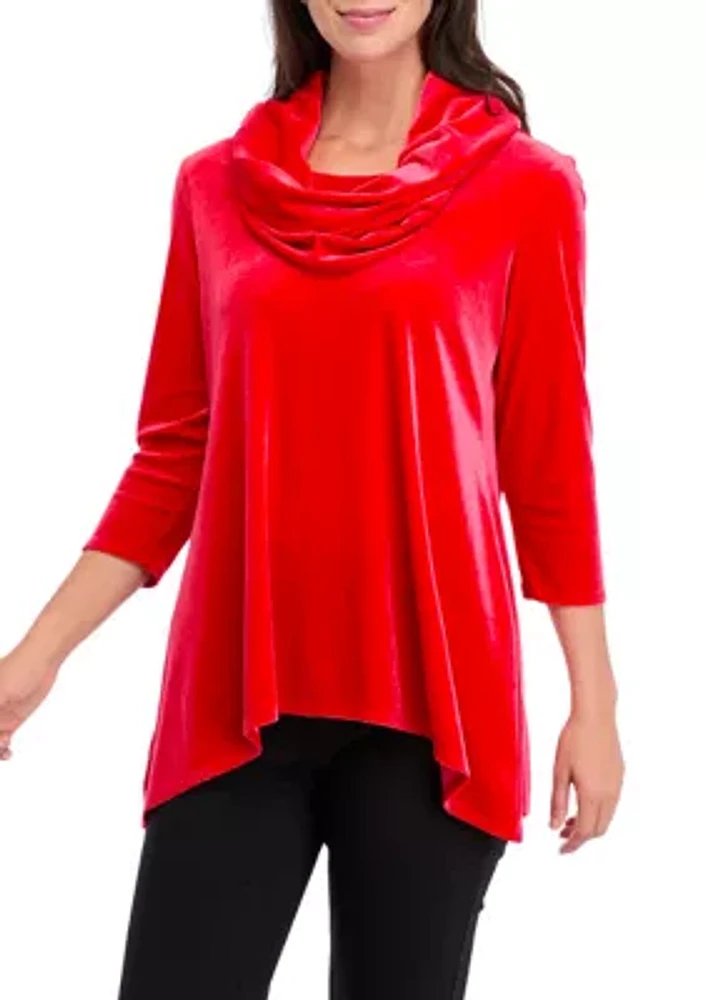 Women's Knit Velvet Shark Bite Cowl Neck Top