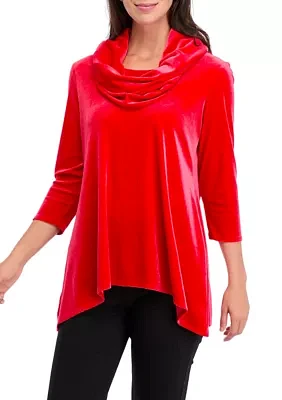 Women's Knit Velvet Shark Bite Cowl Neck Top