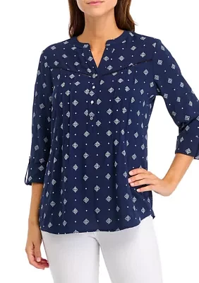 Women's 3/4 Sleeve Henley Top with Trim Print