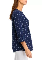 Women's 3/4 Sleeve Henley Top with Trim Print