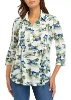 Women's Printed Collared Henley Shirt