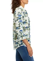 Women's Printed Collared Henley Shirt