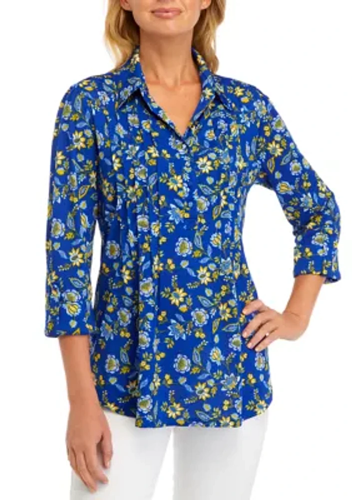 Women's 3/4 Floral Collared Henley Shirt