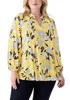 Plus 3/4 Sleeve Split Neck Printed Peasant Top