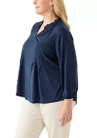 Plus 3/4 Sleeve Split Neck Peasant Top