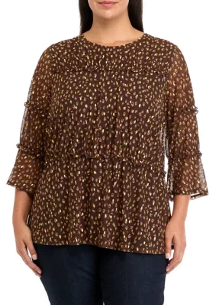 Plus Printed Mesh Tiered Blouse