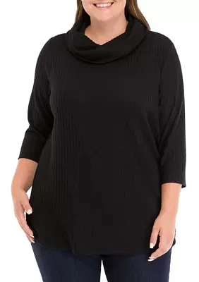 Plus Ribbed Knit Hacci Cowl Neck Sweater