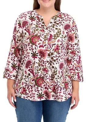 Plus 3/4 Sleeve Printed Hacci Henley Top