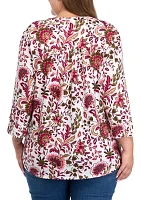 Plus 3/4 Sleeve Printed Hacci Henley Top