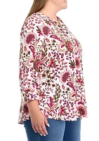 Plus 3/4 Sleeve Printed Hacci Henley Top