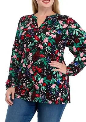 Plus Long Sleeve Printed Hacci Knit Top