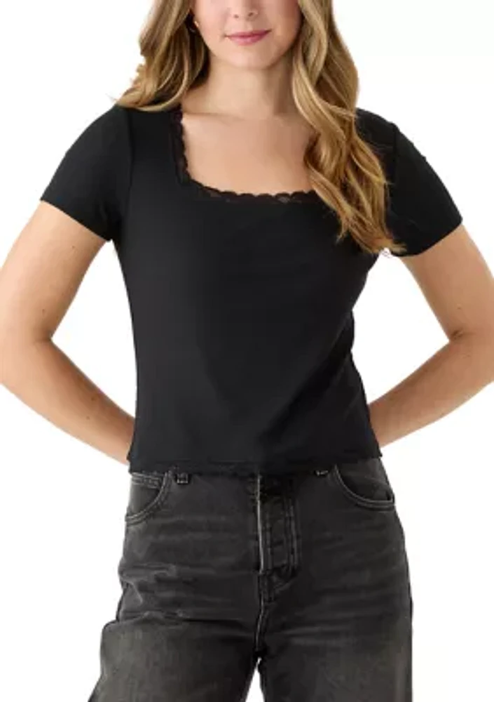 Women's Short Sleeve Lace Trimmed Top