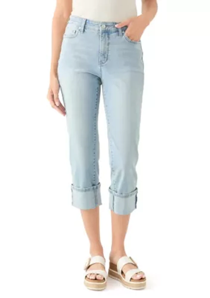 Petite Mid Rise Cuff Straight Jeans