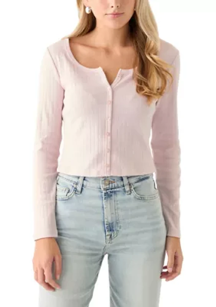 Women's Long Sleeve Button Down Shirt with Pointelle Ribbing