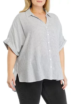 Plus Woven Striped Button Down Top