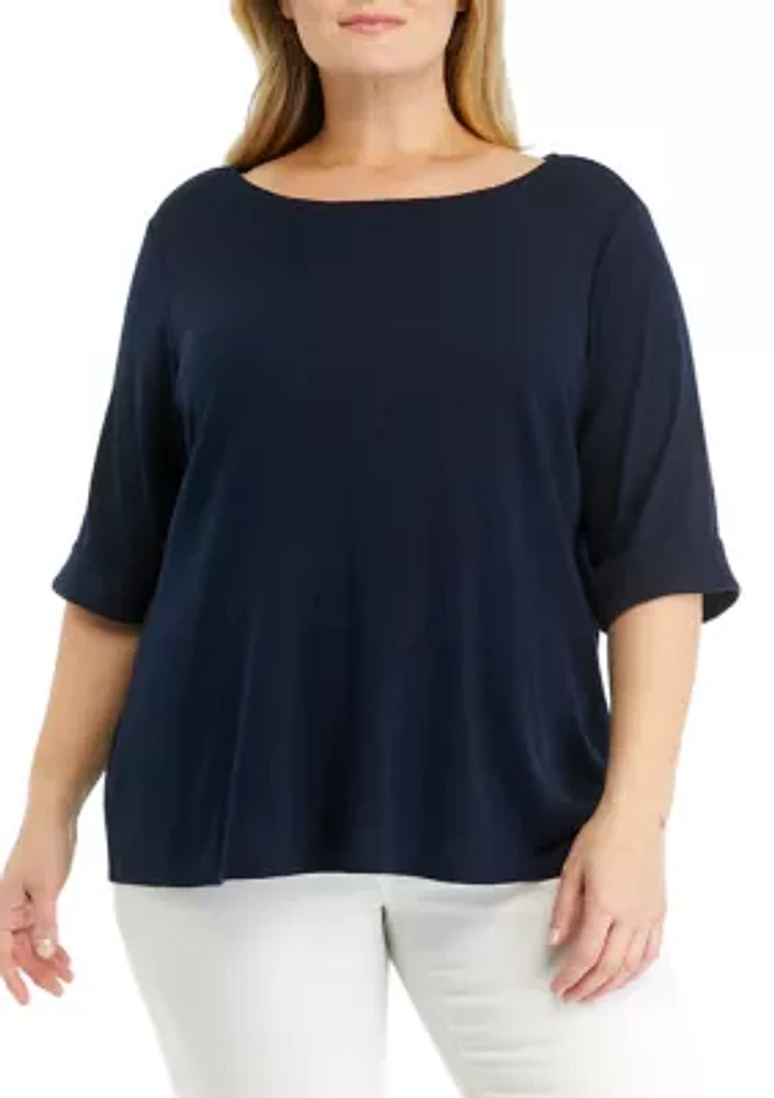 Plus Solid Knit Boat Neck Top