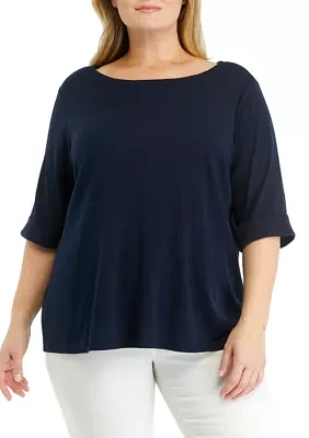 Plus Solid Knit Boat Neck Top