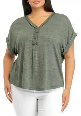 Plus Short Sleeve Textured Crinkle Henley Top