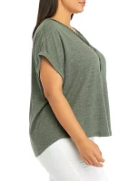 Plus Short Sleeve Textured Crinkle Henley Top