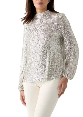 Women's Sequin Pleat Mock Neck Top