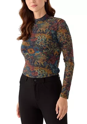 Women's Long Sleeve Knit Mesh Printed Top