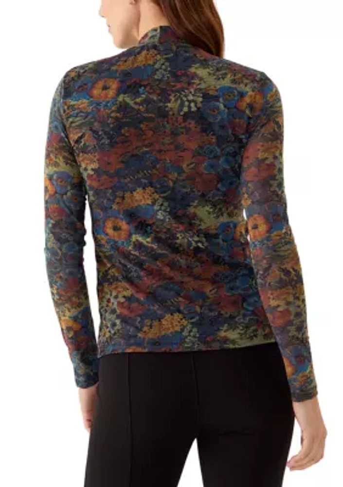 Women's Long Sleeve Knit Mesh Printed Top