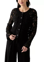 Women's Long Sleeve Crew Neck Button Up Crochet Coat