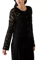 Women's Long Sleeve Crew Neck Button Up Crochet Coat