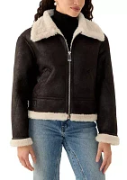 Women's Cropped Zip Front Collared Sherpa Jacket