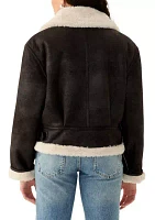 Women's Cropped Zip Front Collared Sherpa Jacket