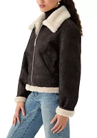 Women's Cropped Zip Front Collared Sherpa Jacket